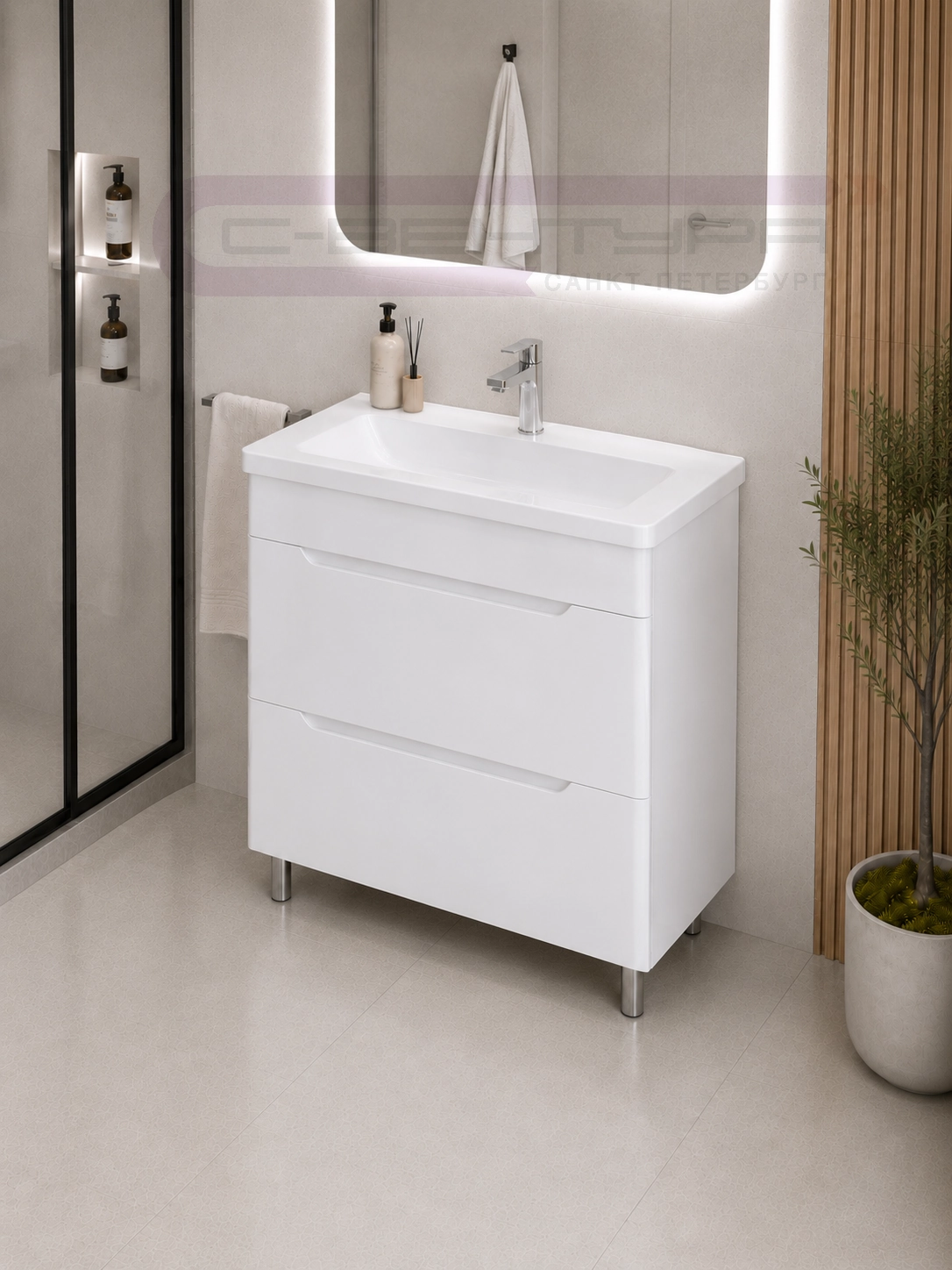 Аквадом Тумба Рада 70 см, напольная, цвет белый, 2 ящика, с раковиной Modul Slim