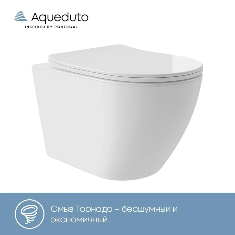 Унитаз подвесной безободковый с сиденьем с микролифтом Aqueduto Ово Плюс (Ovo Plus) белый глянец