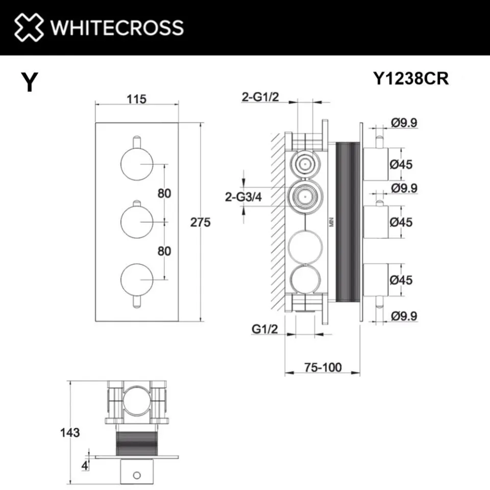 Термостат Whitecross Y Chrome Y1238CR для ванны и душа скрытый монтаж хром