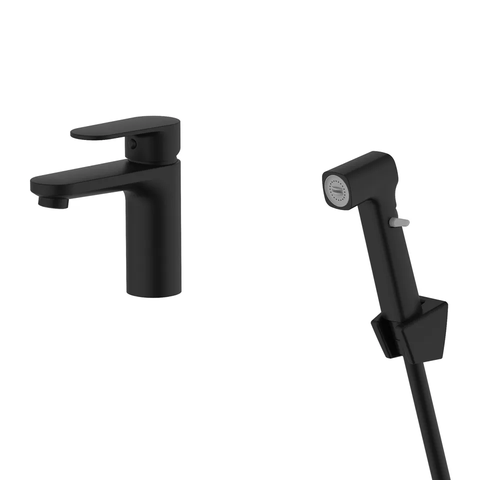 AQ1812MB НИКА смеситель для раковины 90 без донного клапана с гигиеническим ручным душем, матовый черный