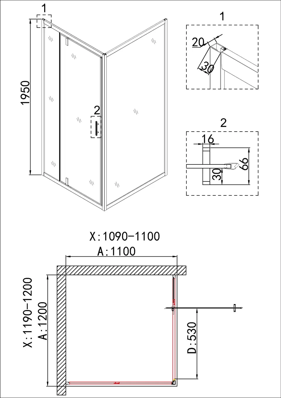 Душевое ограждение Niagara Nova NG-43-12AG-A110G (120х110х195) прямоугольник,золото,двери распашные,стекло прозрачное,2 места