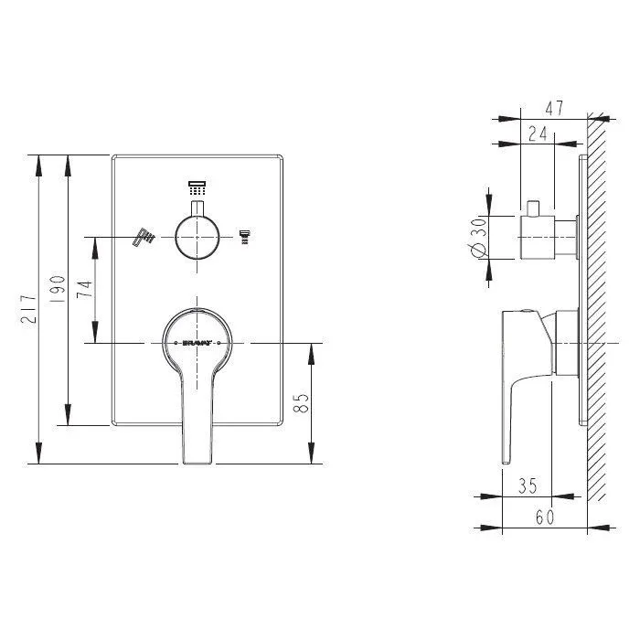 Смеситель Bravat Prolate (P69218CP-3-ENG+D969CP-B-ENG) для ванны и душа скрытый монтаж (3-функц) хром (комплект)