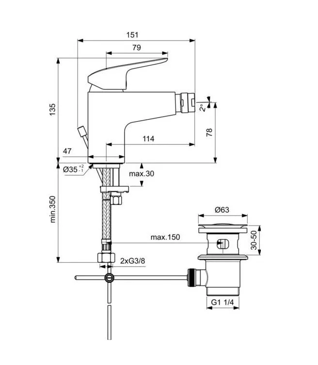 Смеситель Ideal Standard Ceraflex B1718AA для биде с донным клапаном