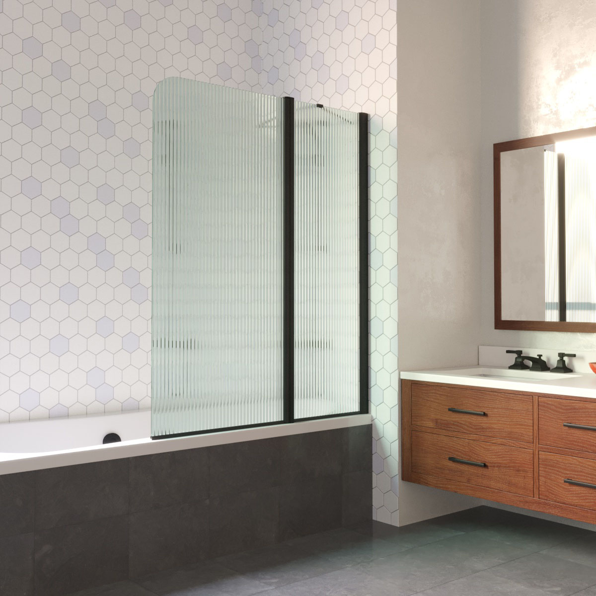 Шторка на ванную E2V LUX ST 115 02М Moru R, профиль черный матовый, стекло Moru