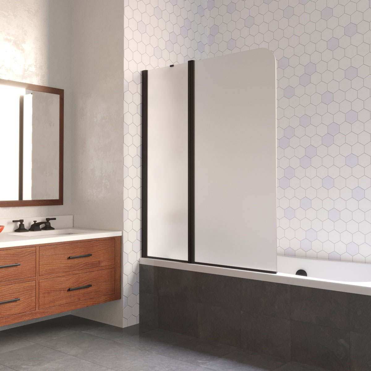 Шторка на ванную E2V LUX ST 115 02М 10 L, профиль черный матовый, стекло сатин