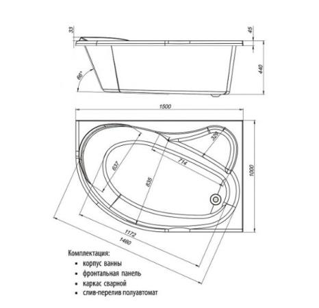 Акриловая ванна Мирсант Ялта 150*100, правая (комплект)