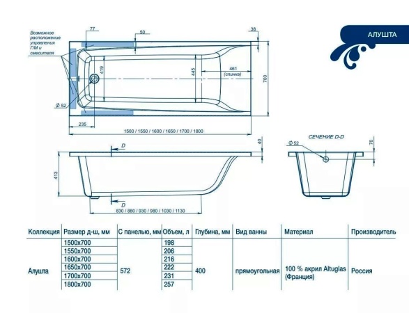 Акриловая ванна Мирсант Алушта 170х70 "Premium"